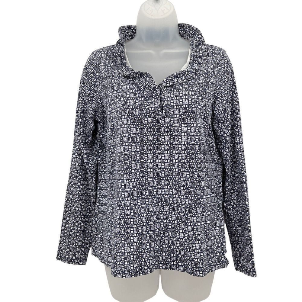 Coolibar Top Womens Small Blue White Geometric V-Neck Ruffle UPF 50 Sun Protect